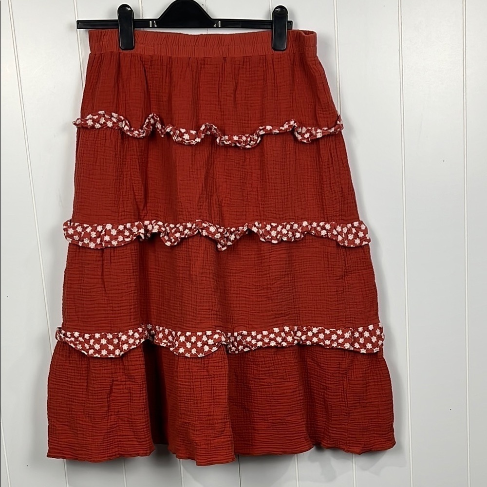 Alice Blue Womens Skirt L Burnt Orange White Floral Ruffles Waffle Texture Full